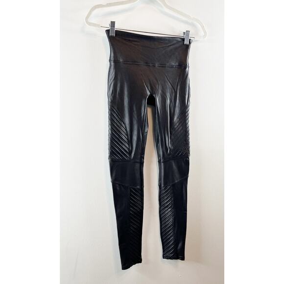 SPANX Shiny Faux Leather Slim Fit Pull On Mid Rise Moto Leggings Black Small - Picture 9 of 14